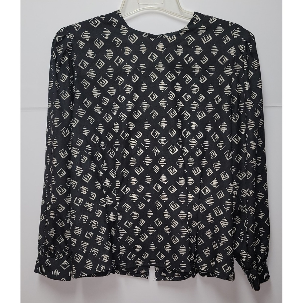 SK & Company Black White Geometric Print Long Sleeve Blouse Boho 14 Office retro